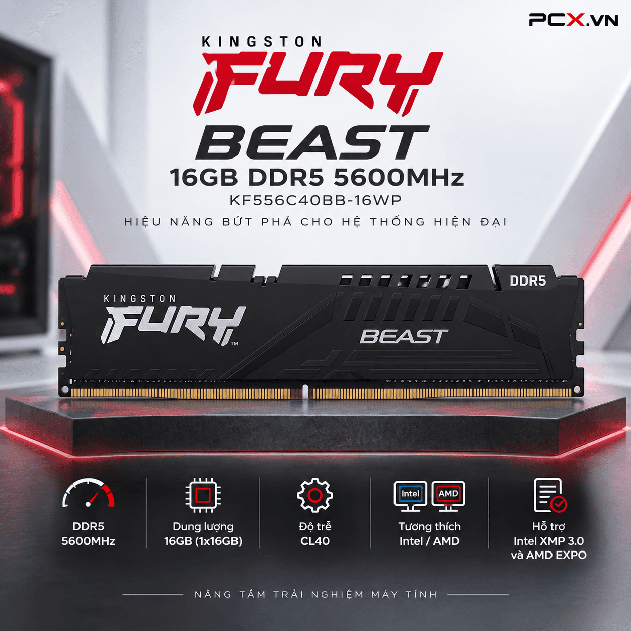 RAM PC Kingston Fury Beast 16GB DDR5 | (1x16GB), 5600MHz, Intel/AMD KF556C40BB-16WP
