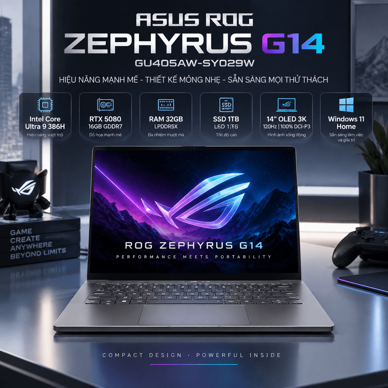 Laptop ASUS ROG Zephyrus G14 GU405AW-SY029W (Ultra 9 386H, RTX 5080 16GB, RAM 32GB LPDDR5X, SSD 1TB, 14 Inch OLED 3K 120Hz 100% DCI-P3, Win 11 Home)