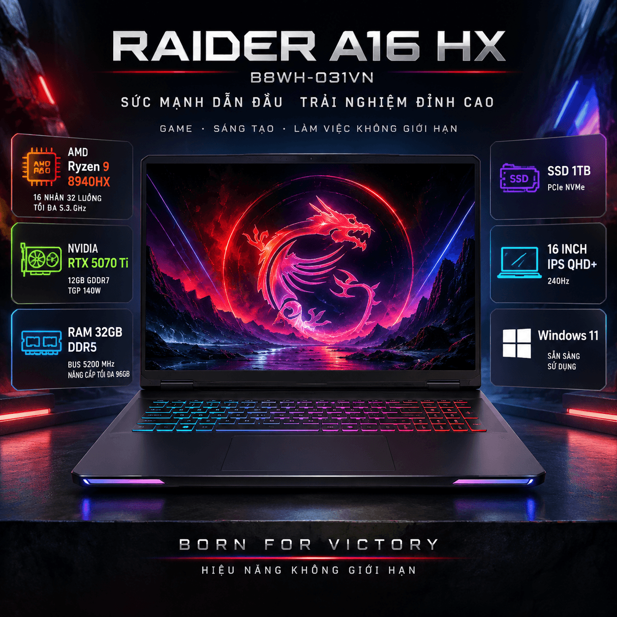 Laptop MSI Raider A16 HX B8WH-031VN (Ryzen 9 8940HX, RTX 5070 Ti 12GB, RAM 32GB DDR5, SSD 1TB, 16 Inch IPS QHD+ 240Hz, Win 11)