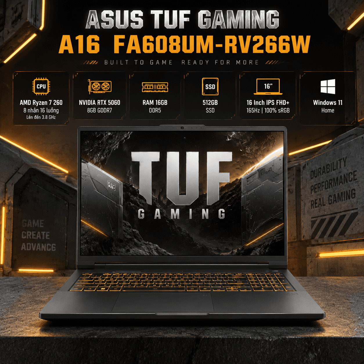 Laptop ASUS TUF Gaming A16 FA608UM-RV266W (Ryzen 7 260, RTX 5060 8GB, RAM 16GB DDR5, SSD 512GB, 16 Inch IPS FHD+ 165Hz 100% sRGB, Win 11 Home)