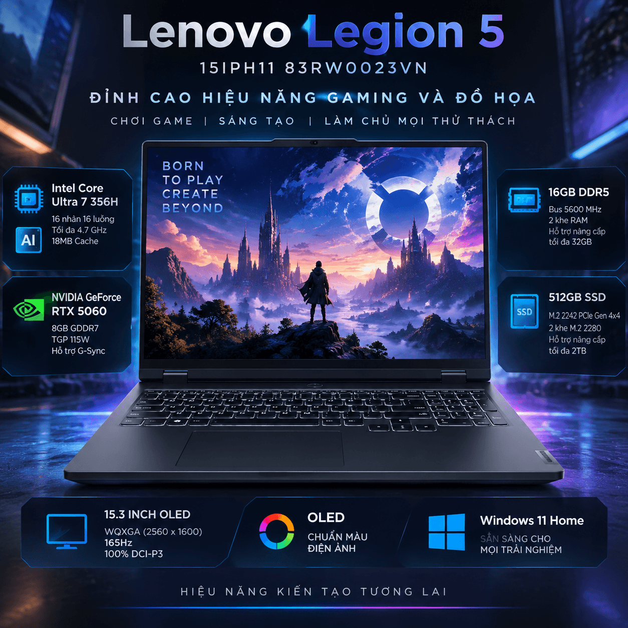 Laptop Lenovo Legion 5 15IPH11 83RW0023VN (Ultra 7 356H, RTX 5060 8GB, RAM 16GB DDR5, SSD 512GB, 15.3 Inch OLED WQXGA 165Hz 100% DCI-P3, Win 11 Home)