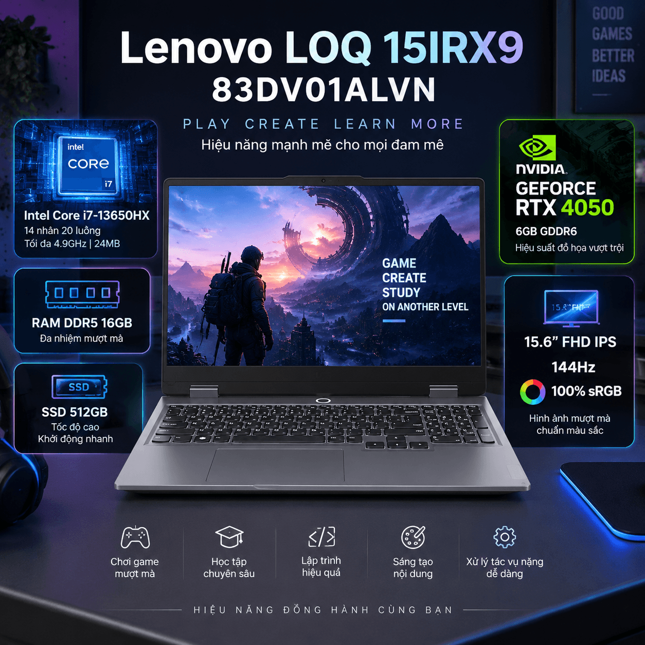 Laptop Lenovo LOQ 15IRX9 83DV01ALVN (i7-13650HX, RTX 4050 6GB, RAM 16GB DDR5, SSD 512GB, 15.6 Inch IPS FHD 144Hz 100% sRGB)