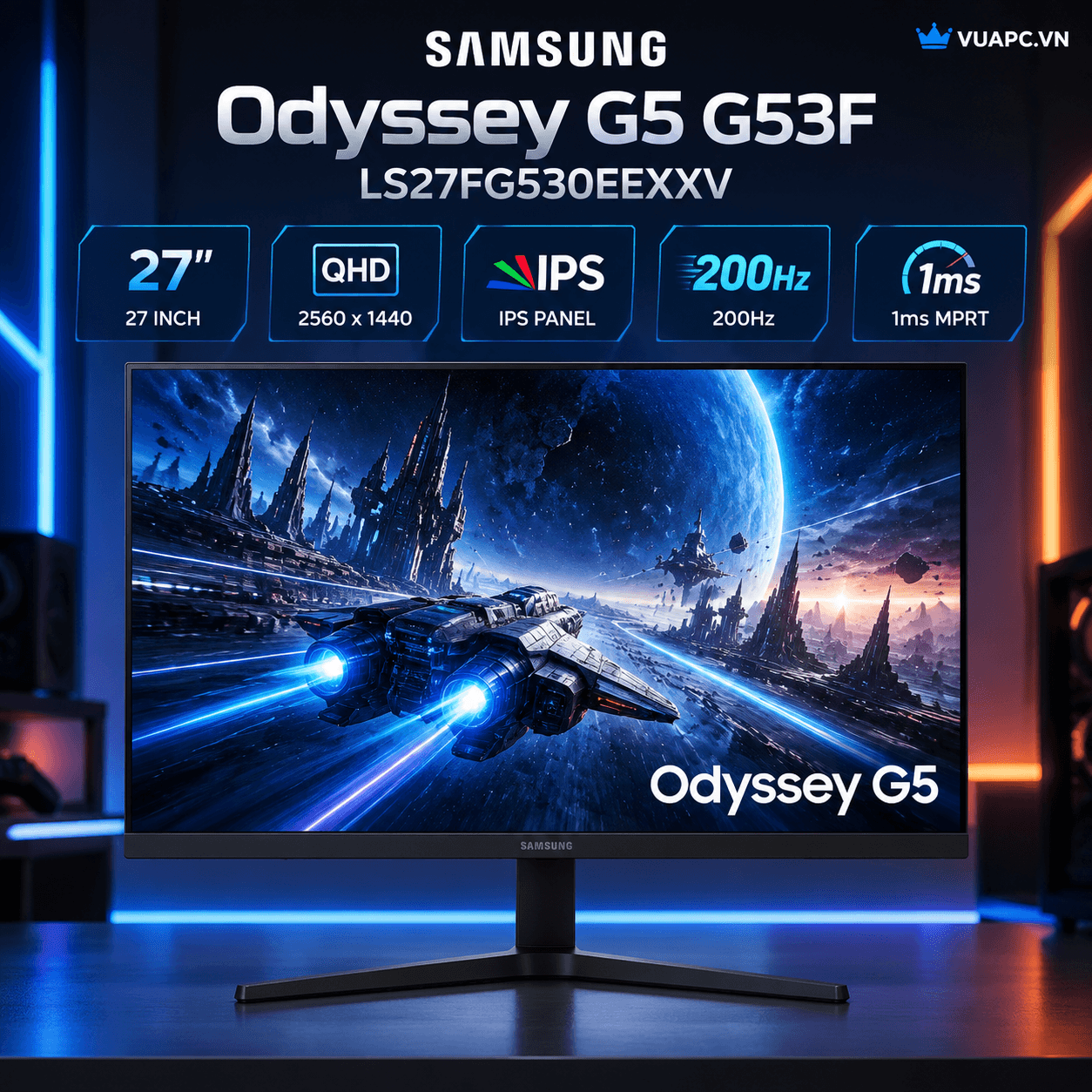 Màn hình Gaming Samsung Odyssey G5 G53F LS27FG530EEXXV | 27 inch, QHD, IPS, 200Hz, 1ms