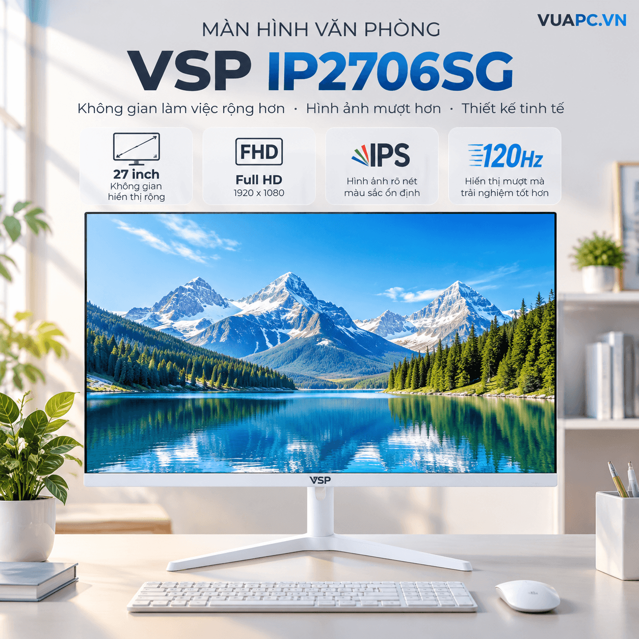 Màn hình văn phòng VSP IP2706SG | 27 inch, FHD, IPS, 120Hz, Trắng