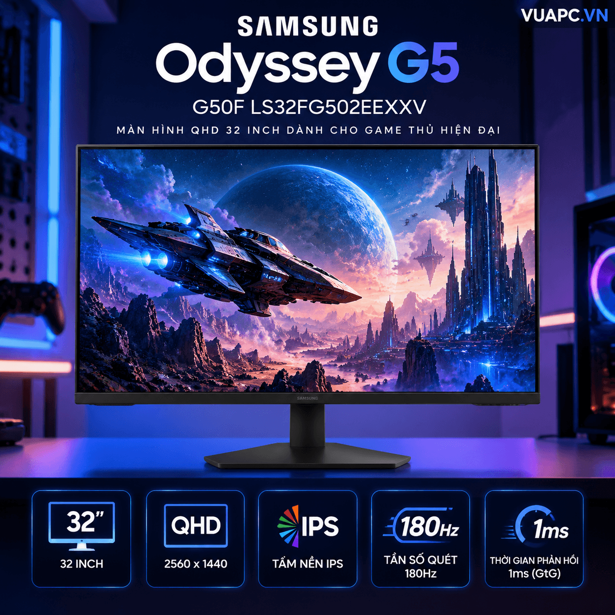 Màn hình Gaming Samsung Odyssey G5 G50F LS32FG502EEXXV | 32 inch, QHD, IPS, 180Hz, 1ms