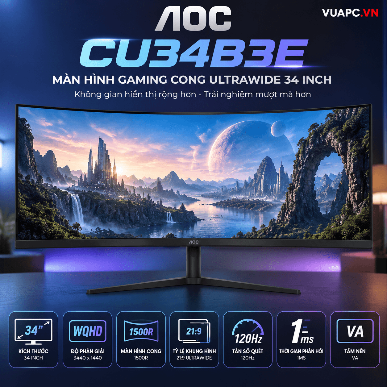 Màn hình Gaming AOC CU34B3E | 34 inch, WQHD, Cong, 120Hz, 1ms, VA
