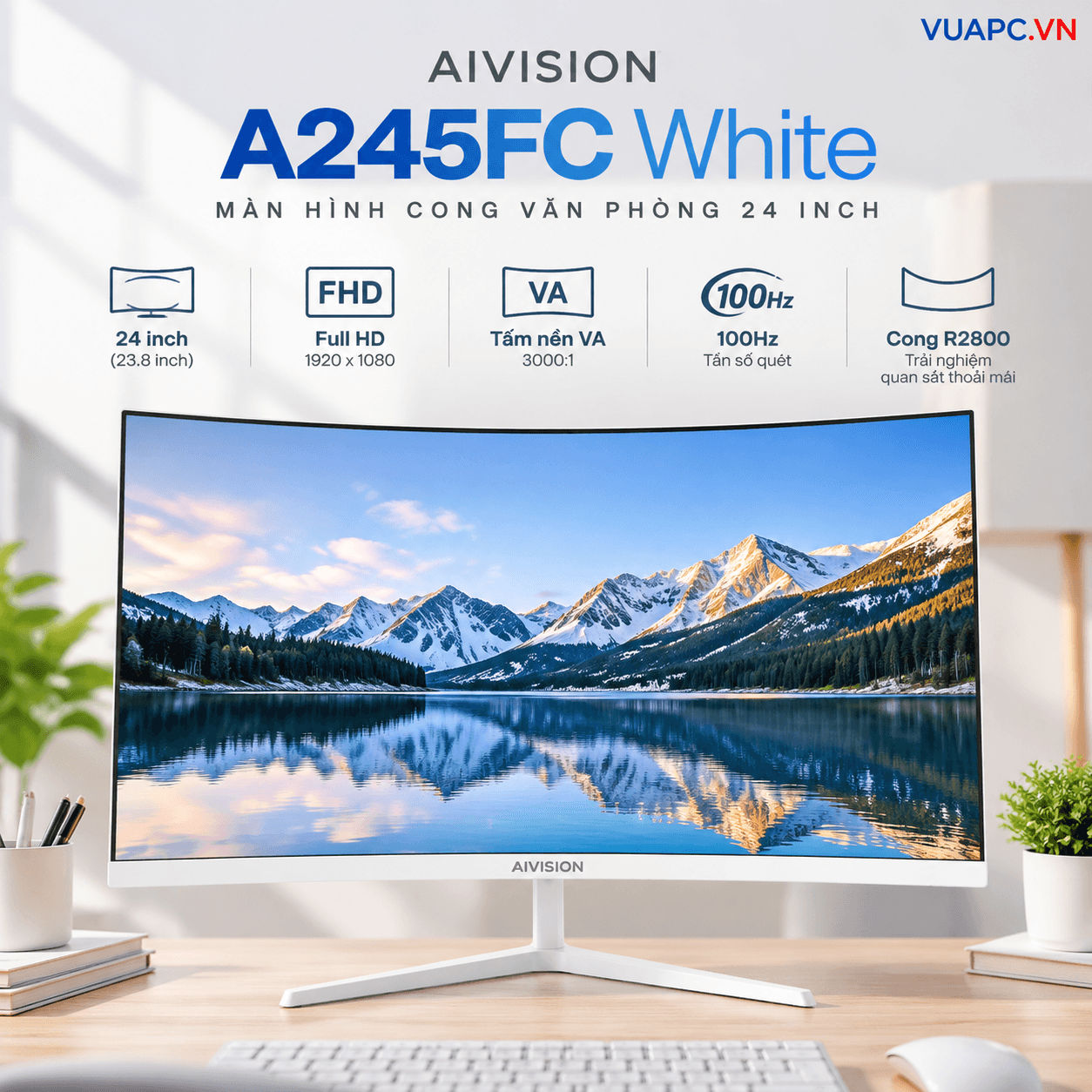 Màn hình Văn phòng Aivision A245FC White | 24 inch, FHD, 100Hz, VA