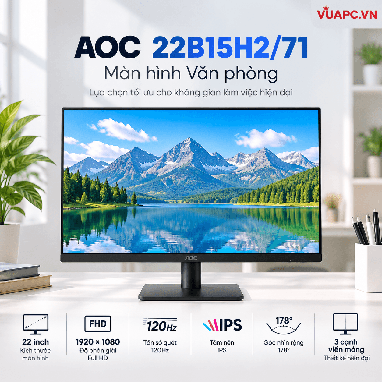 Màn hình Văn phòng AOC 22B15H2/71 | 22 inch, FHD, 120Hz, IPS