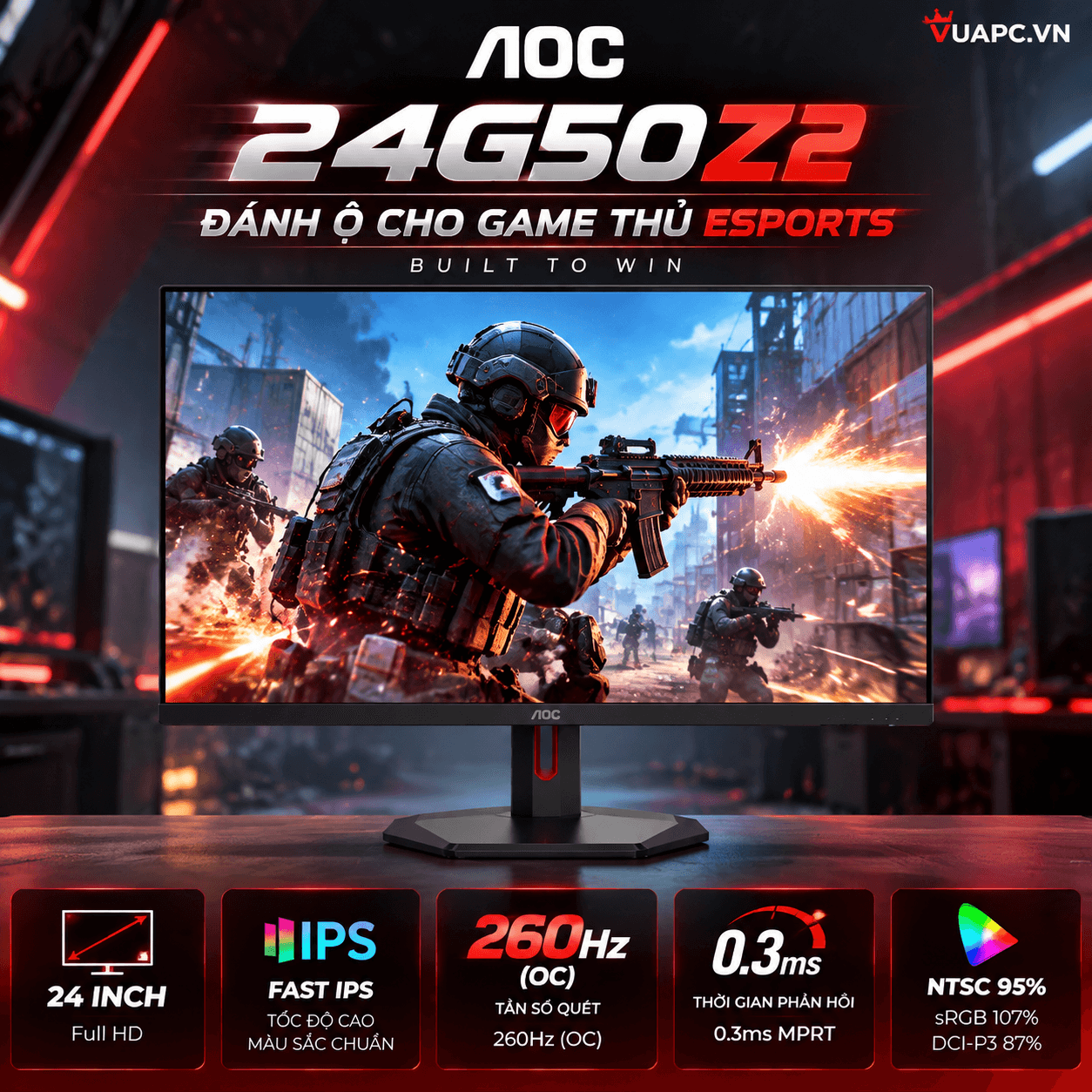 Màn hình Gaming AOC 24G50Z2 | 24 inch, Full HD, IPS, 260Hz (OC), 0.3ms