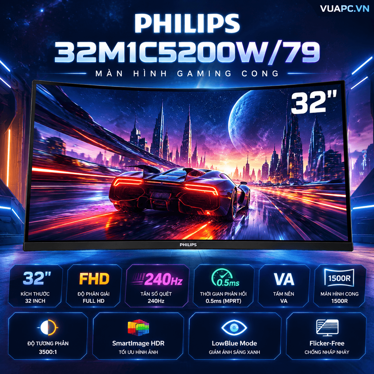 Màn hình Gaming Philips 32M1C5200W/79 | 32 inch, FHD, 240Hz, VA, Không chân đế