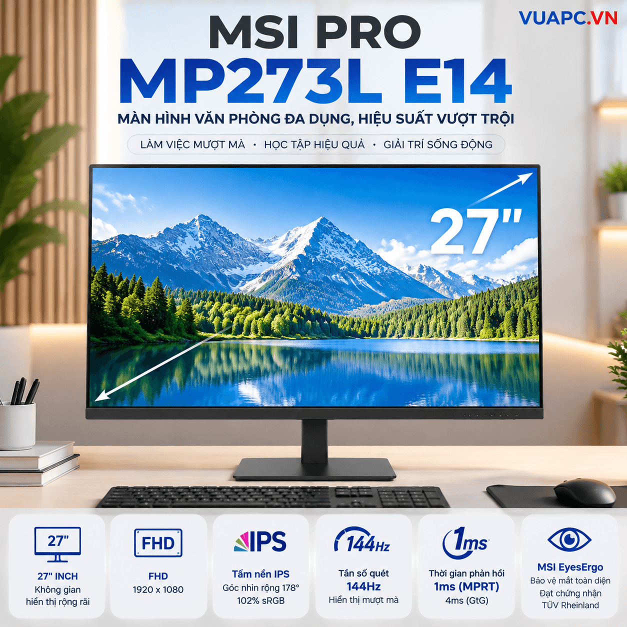 Màn hình văn phòng MSI PRO MP273L E14 | 27 inch, FHD, IPS, 144Hz, 1ms
