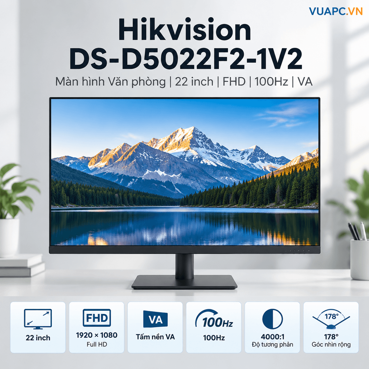 Màn hình Văn phòng Hikvision DS-D5022F2-1V2 | 22 inch, FHD, 100Hz, VA