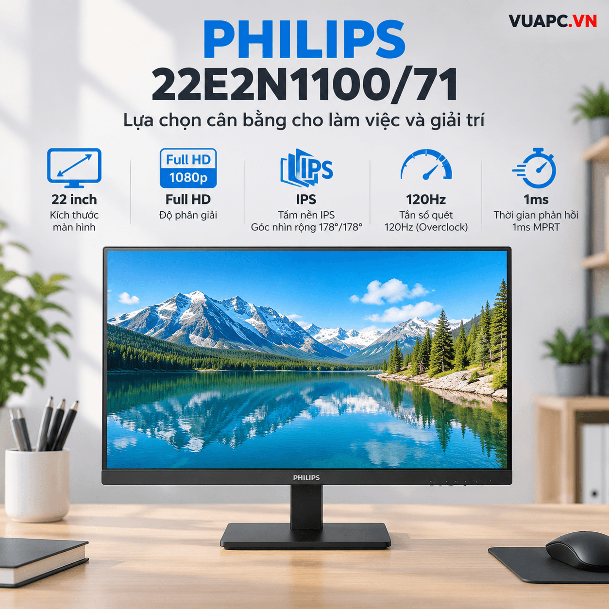 Màn hình văn phòng Philips 22E2N1100/71 | 22 inch, Full HD, IPS, 120Hz, 1ms MPRT