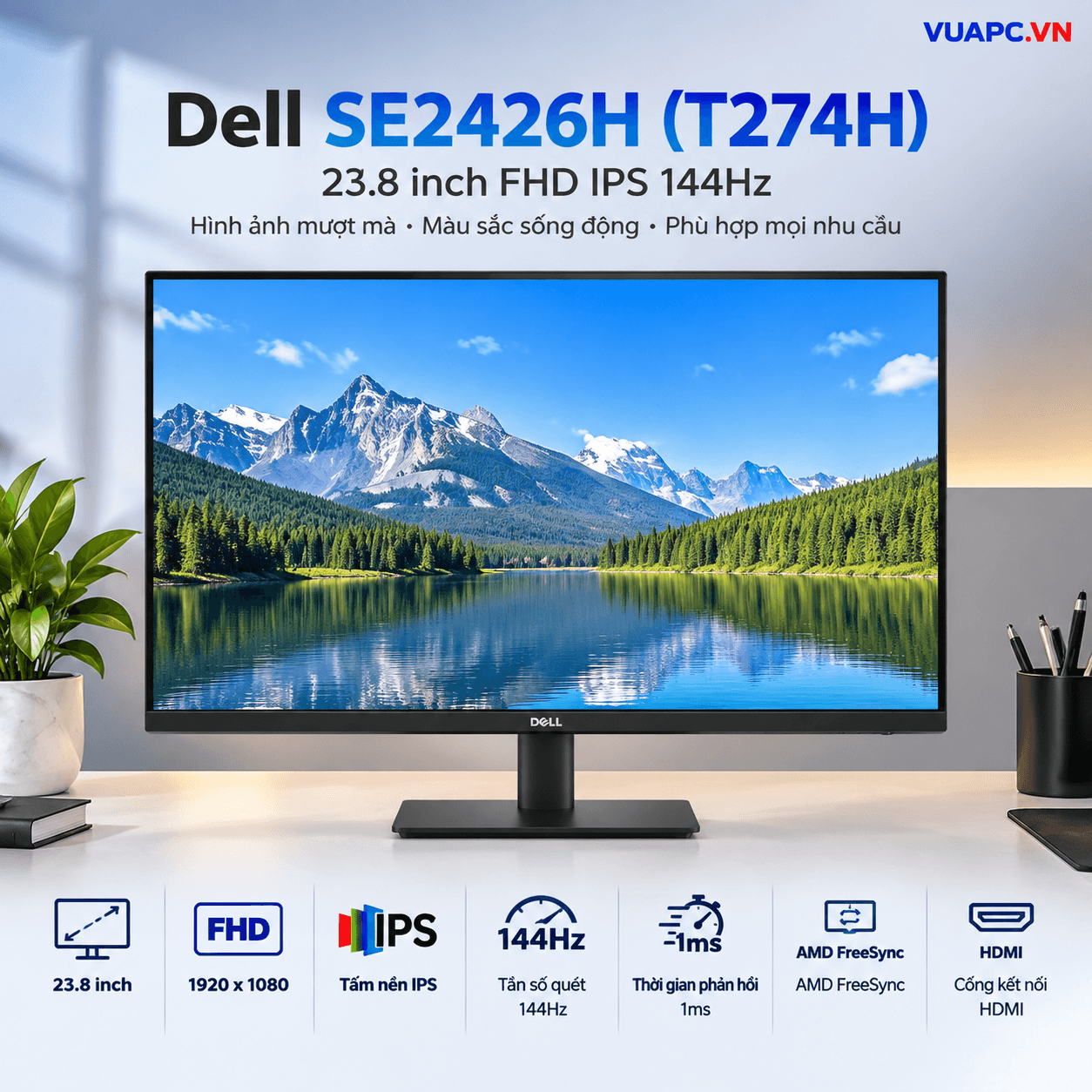 Màn hình Dell SE2426H (T274H) | 23.8 inch FHD IPS 144Hz, 1ms, AMD FreeSync, HDMI, Đen