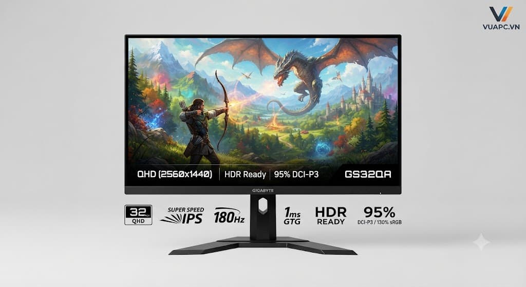 Màn hình Gaming 2K Gigabyte GS32QA | 32 inch, QHD, SuperSpeed IPS, 180Hz, 1ms GTG, HDR Ready