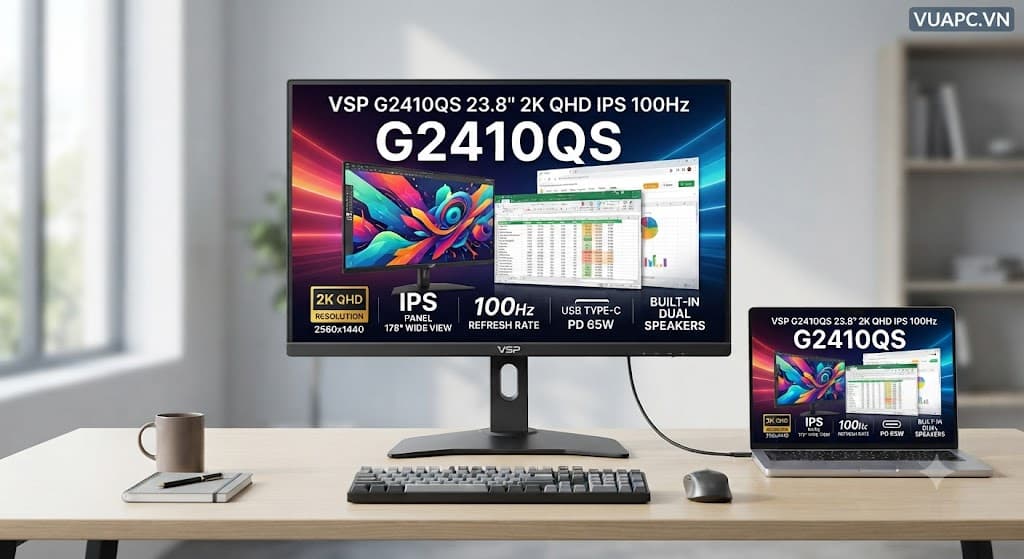 Màn hình Văn phòng 2K VSP G2410QS | 24 inch, QHD, IPS, 100Hz, USB Type-C PD 65W, Loa kép