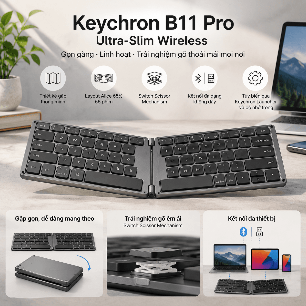 Bàn phím gập không dây Keychron B11 Pro Ultra-Slim Wireless