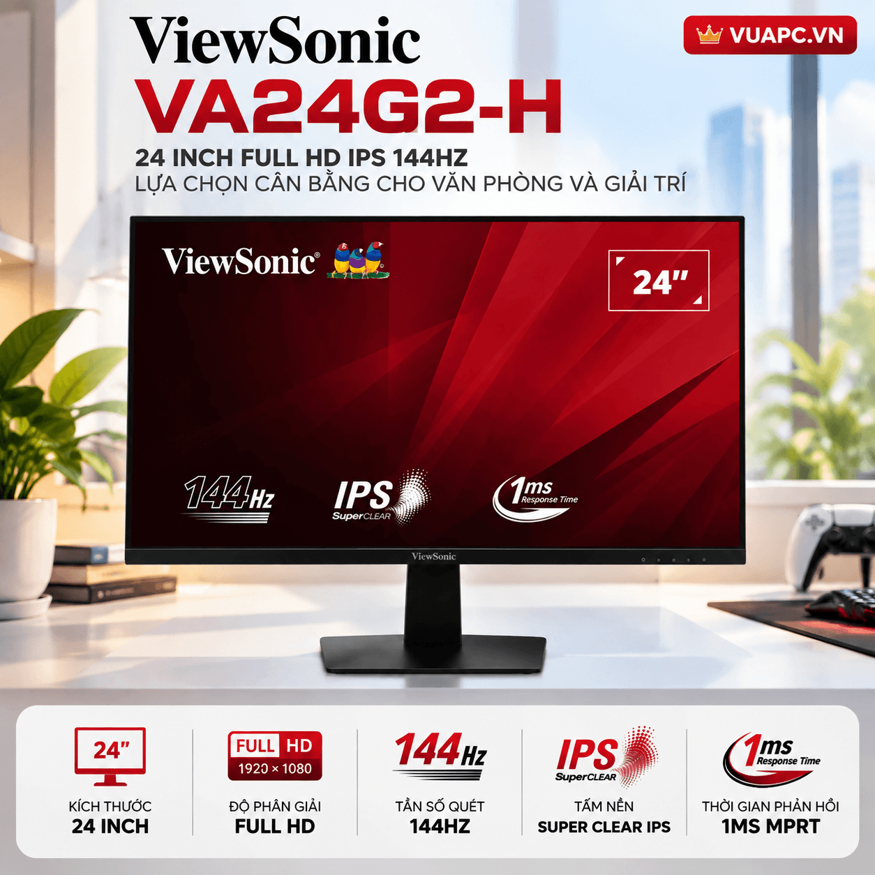 Màn hình văn phòng Viewsonic VA24G2-H | 24 inch, Full HD, 144Hz, IPS