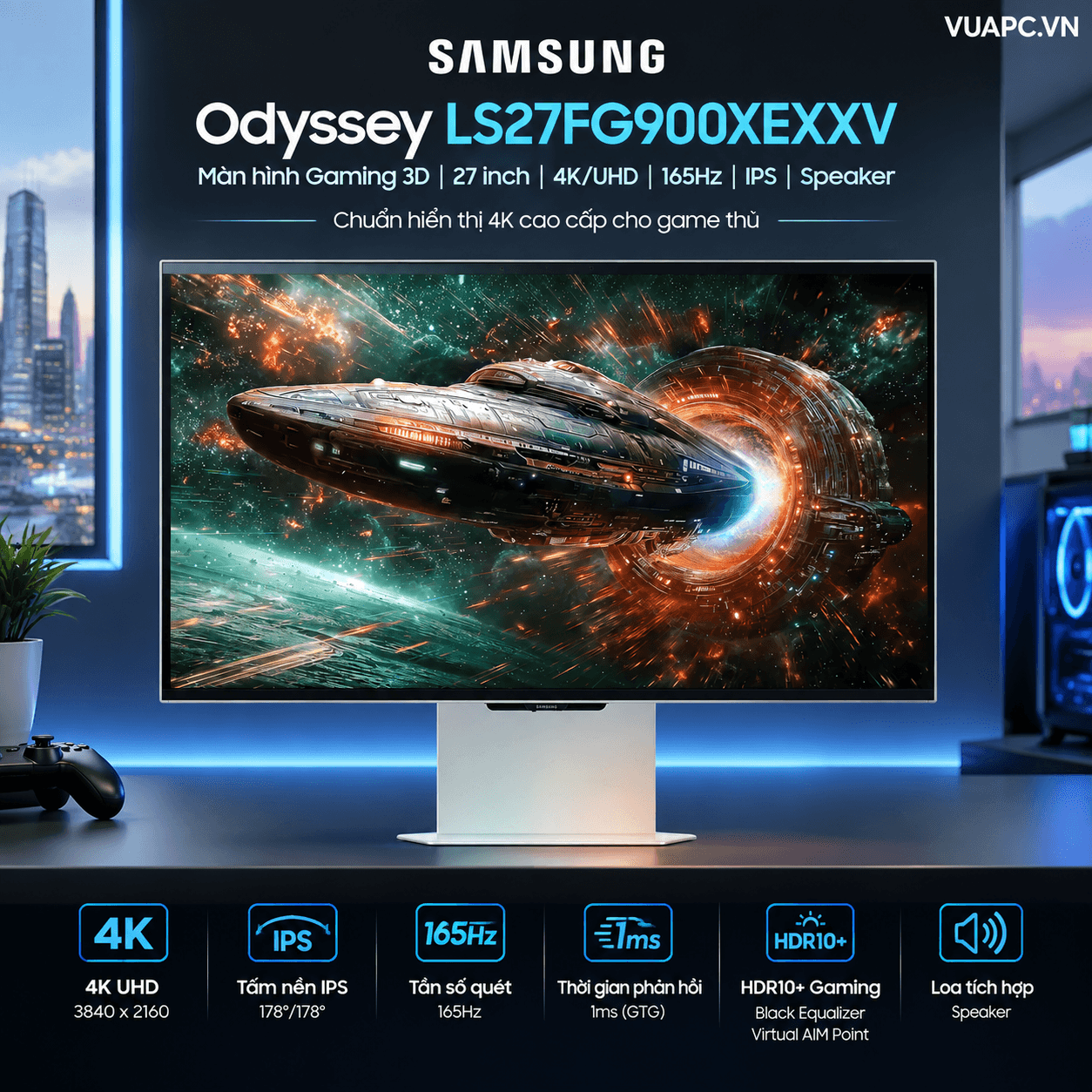 Màn hình Gaming 3D Samsung Odyssey LS27FG900XEXXV | 27 inch, 4K/UHD, 165Hz, IPS, Speaker