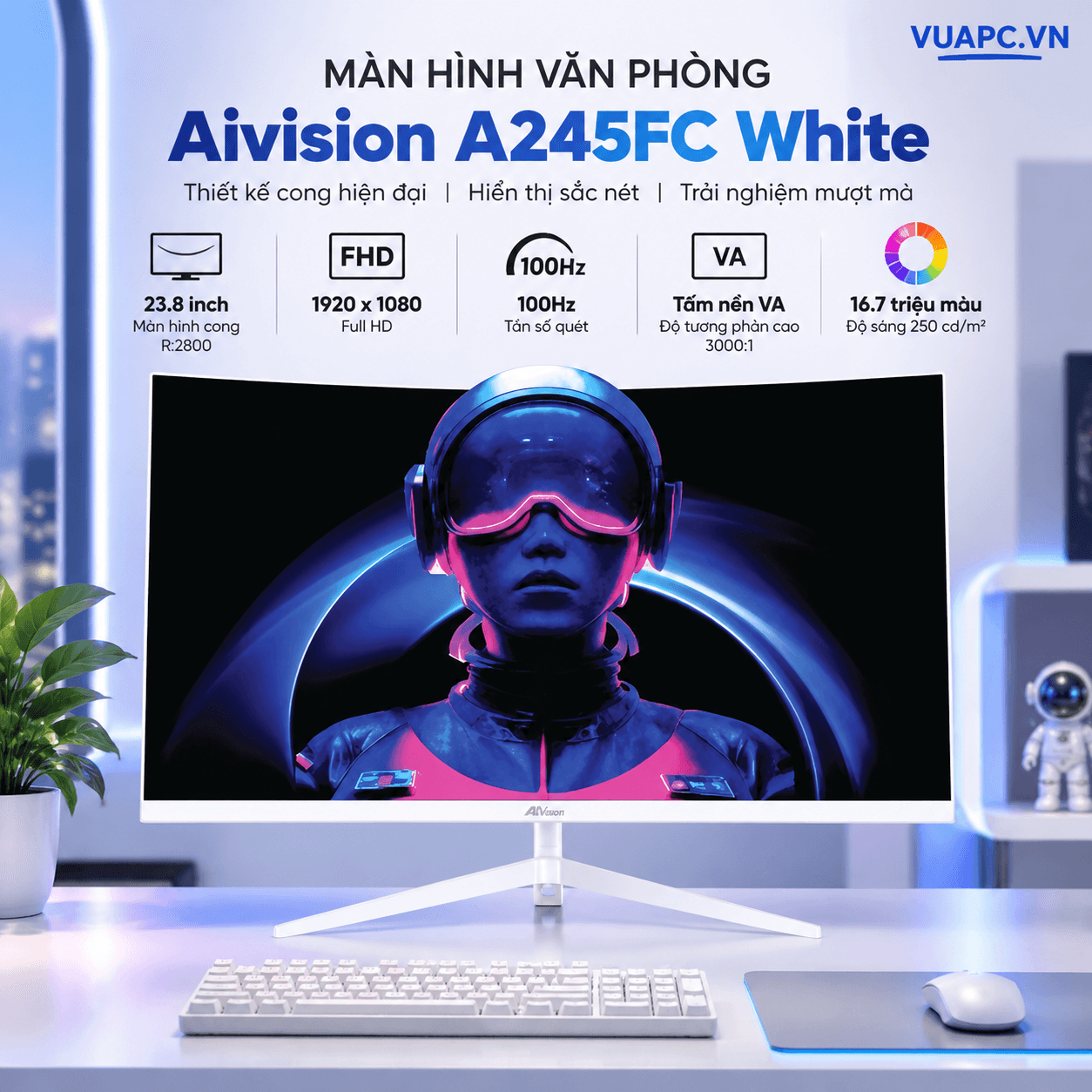Màn hình Văn phòng Aivision A245FC White | 24 inch, FHD, 100Hz, VA