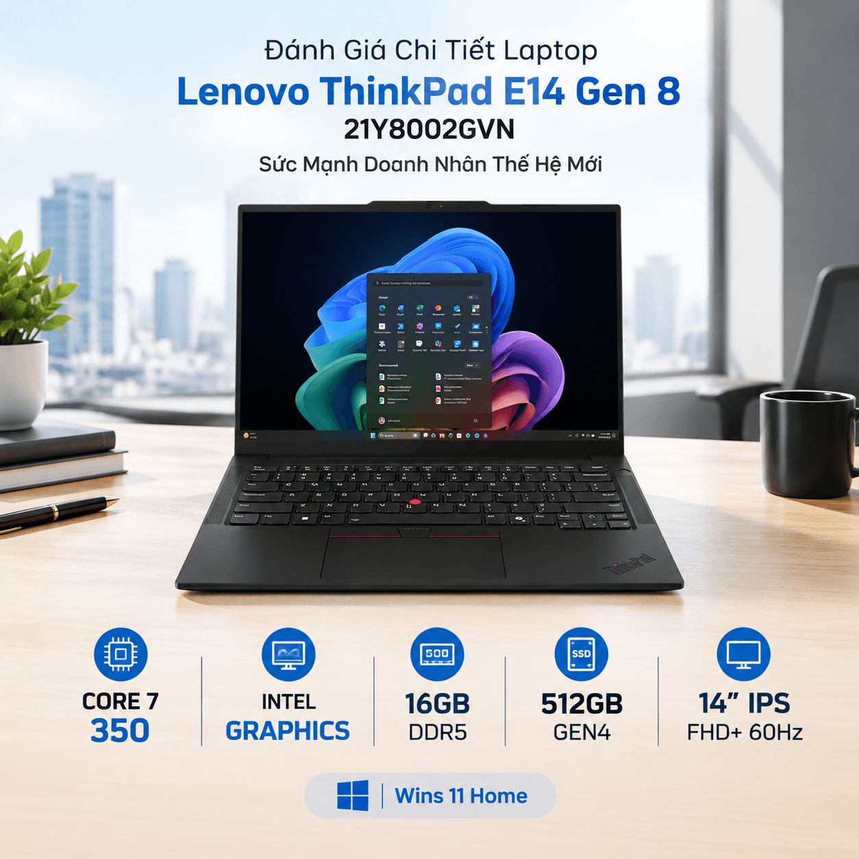 Laptop Lenovo ThinkPad E14 Gen 8 21Y8002GVN (Core 7 350, Intel Graphics, RAM 16GB DDR5, SSD 512GB, 14 Inch IPS WUXGA 60Hz, Wins 11 Home)