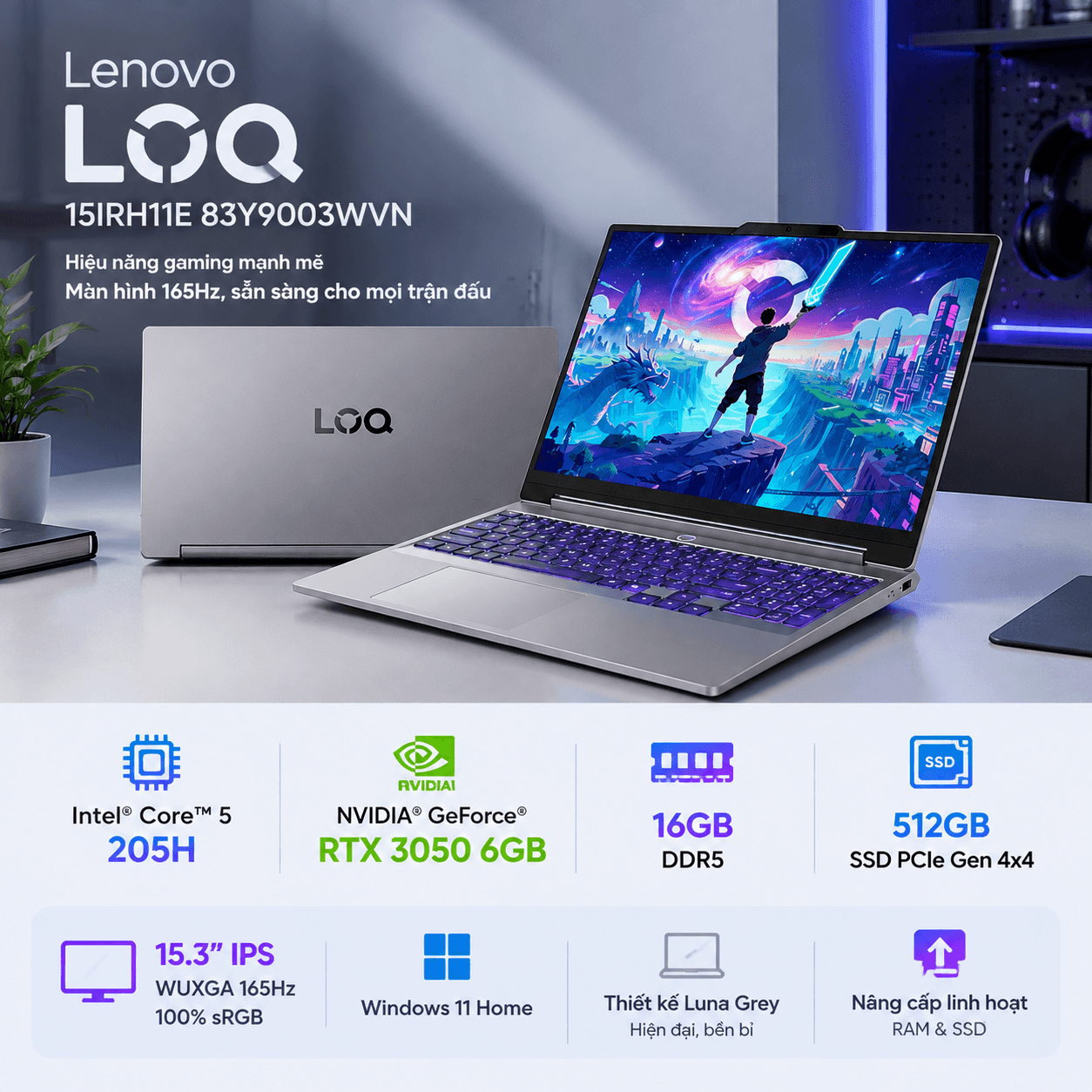 Laptop Lenovo LOQ 15IRH11E 83Y9003WVN (Core 5 205H, RTX 3050 6GB, RAM 16GB DDR5, SSD 512GB, 15.3 Inch IPS WUXGA 165hz 100% sRGB, Win 11 Home)