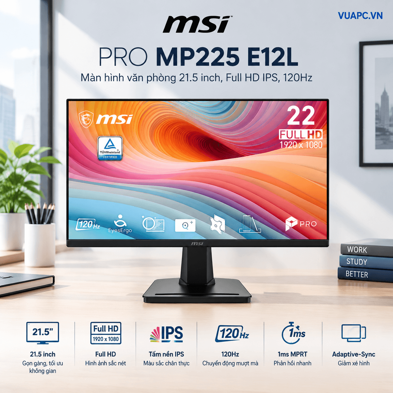 Màn hình Văn phòng MSI PRO MP225 E12L | 21.5 inch, FHD IPS, 120Hz, 1ms MPRT, Adaptive-Sync