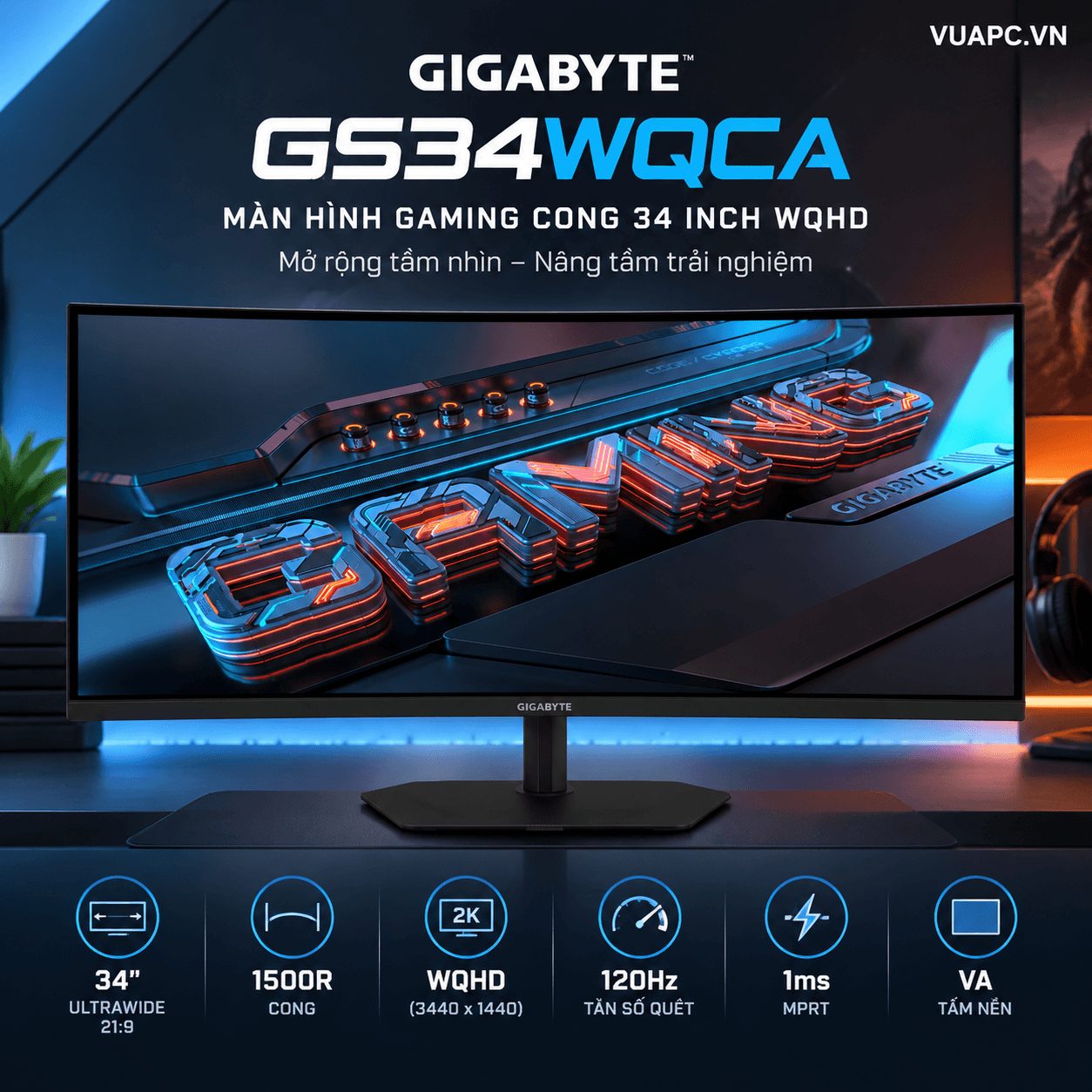 Màn hình Gaming 2K Gigabyte GS34WQCA | 34 inch, WQHD, VA, 120Hz, 1ms, Cong 1500R