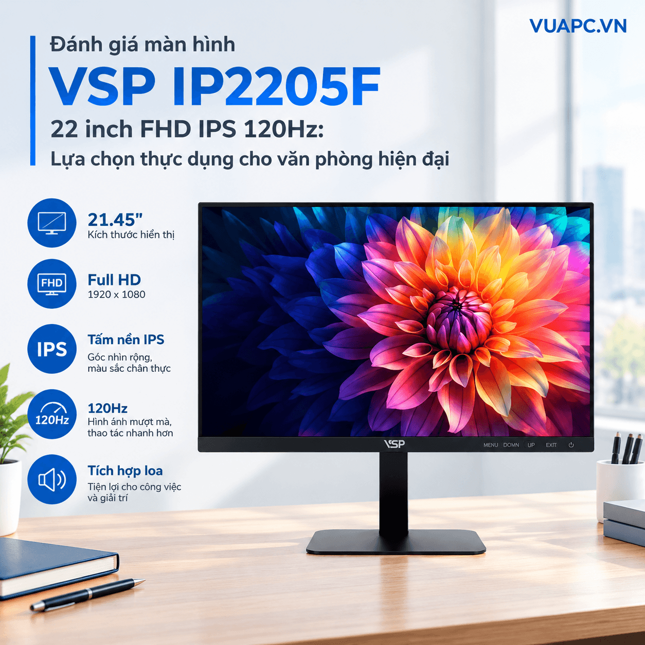 Màn hình Văn phòng VSP IP2205F | 22 inch, FHD, 120Hz, IPS, Speaker