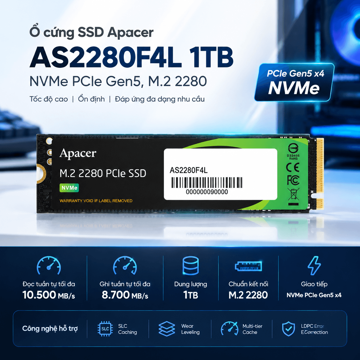 Ổ cứng SSD Apacer AS2280F4L 1TB | NVMe PCIe Gen5, M.2 2280 (AP1TBAS2280F4L-1)