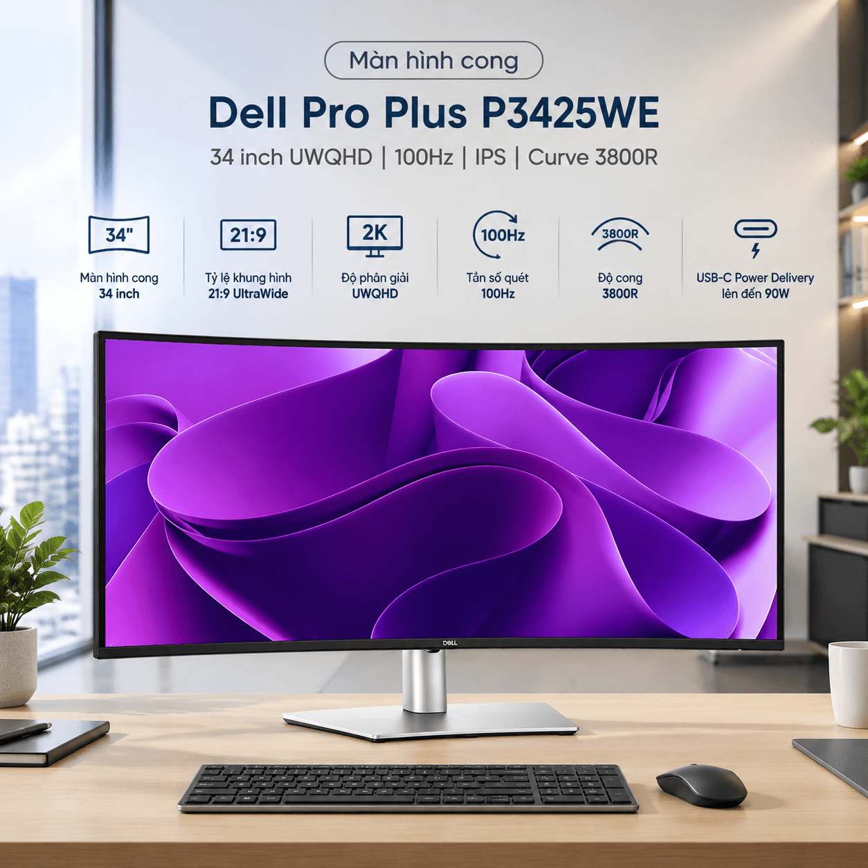 Màn hình cong 2K Dell Pro Plus P3425WE IPS 34 inch UWQHD 100Hz Curve 3800R
