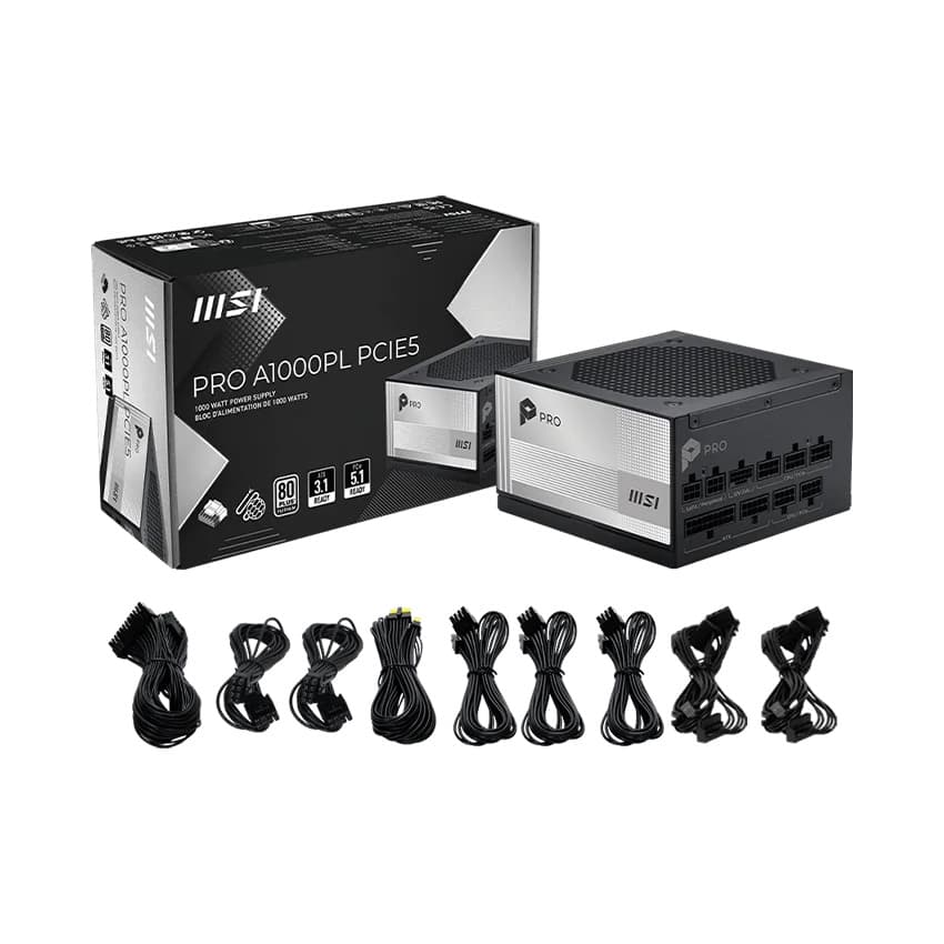 Nguồn máy tính MSI PRO A1000PL PCIE5 1000W 80 PLUS Platinum ATX 3.1 PCIE 5.1 Full Modular