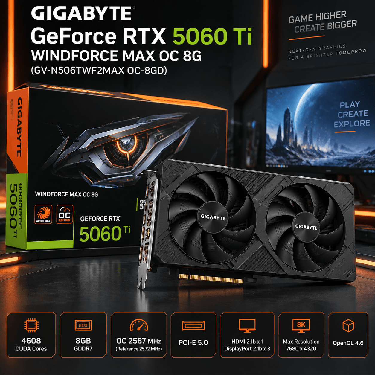 Card màn hình Gigabyte GeForce RTX 5060 Ti WINDFORCE MAX OC 8G (GV-N506TWF2MAX OC-8GD) | 8GB GDDR7, 4608 CUDA