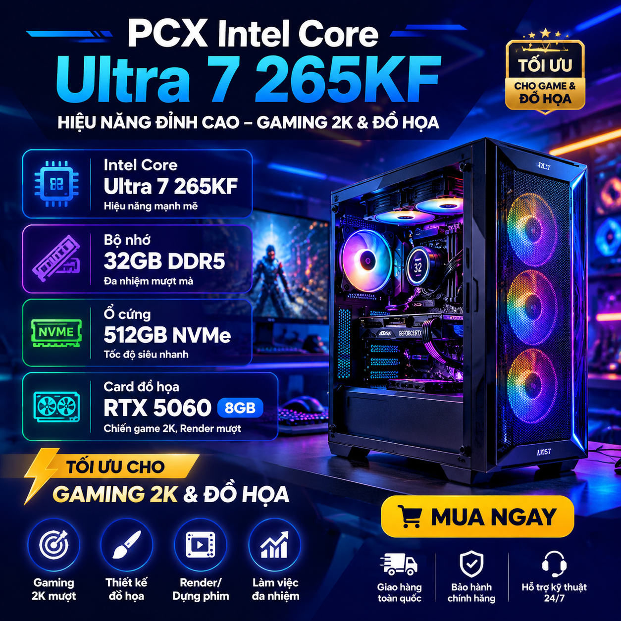 PC Intel Core Ultra 7 265KF RTX 5060 8GB mạnh mẽ | PCXPRESS
