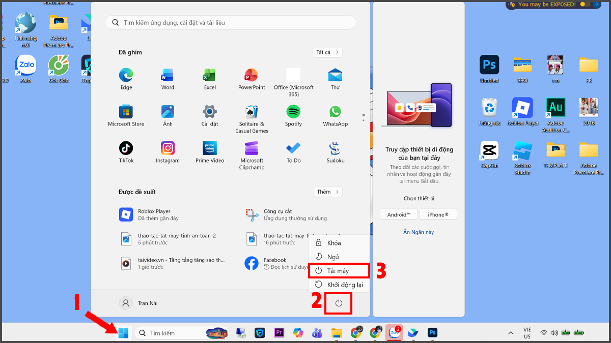 Thao tác tắt máy tính an toàn bằng Start Menu